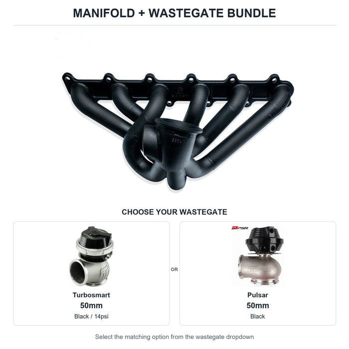 6Boost manifold and black wastegate choices: Turbosmart 50mm or Pulsar 50mm. Select one dropdown option.