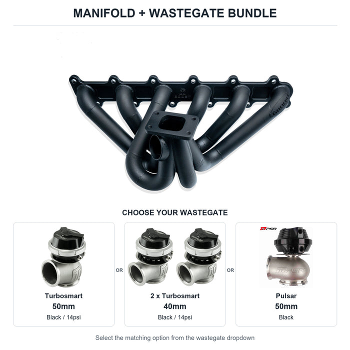6Boost manifold and black wastegate choices: Turbosmart 50mm or 2 x Turbosmart 40mm or Pulsar 50mm. Select one dropdown option.