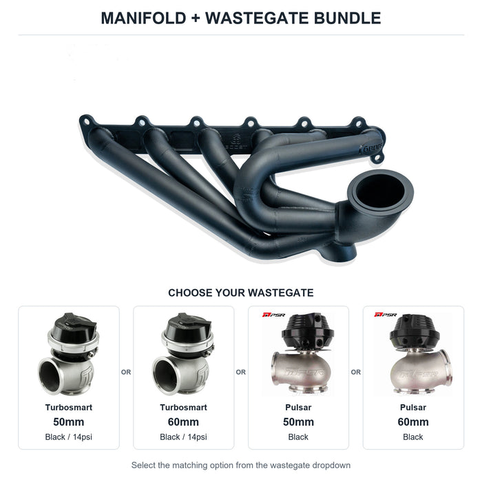 6Boost manifold and black wastegate choices: Turbosmart 50mm or Turbosmart 60mm or Pulsar 50mm or Pulsar 60mm. Select one dropdown option.