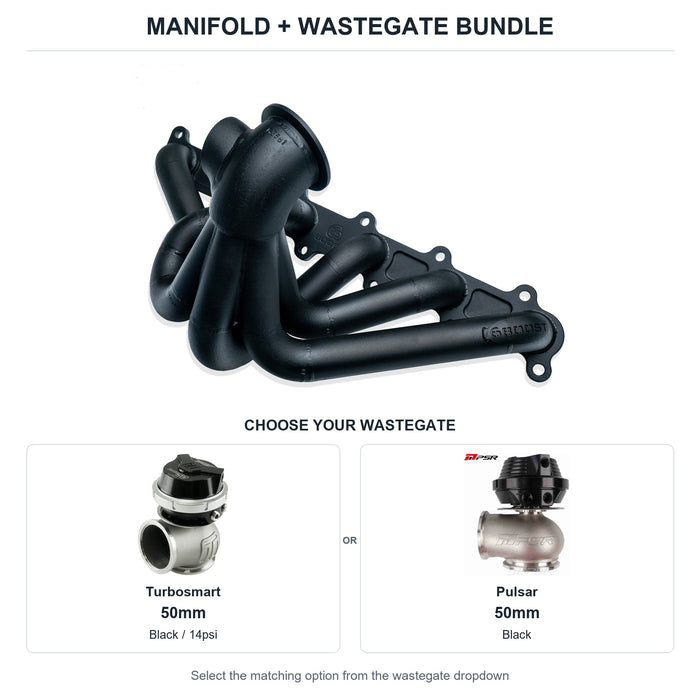 6Boost manifold and black wastegate choices: Turbosmart 50mm or Pulsar 50mm. Select one dropdown option.