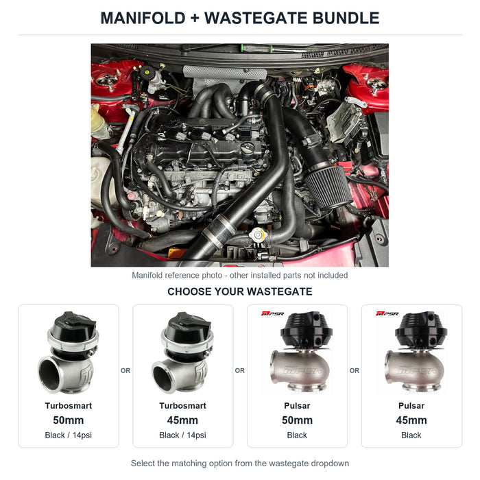 6Boost manifold and black wastegate choices: Turbosmart 50mm or Turbosmart 45mm or Pulsar 50mm or Pulsar 45mm. Select one dropdown option.