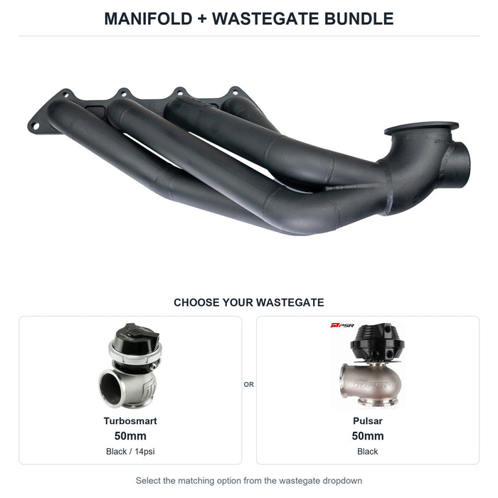 6Boost manifold and black wastegate choices: Turbosmart 50mm or Pulsar 50mm. Select one dropdown option.