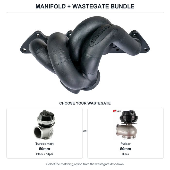 6Boost manifold and black wastegate choices: Turbosmart 50mm or Pulsar 50mm. Select one dropdown option.