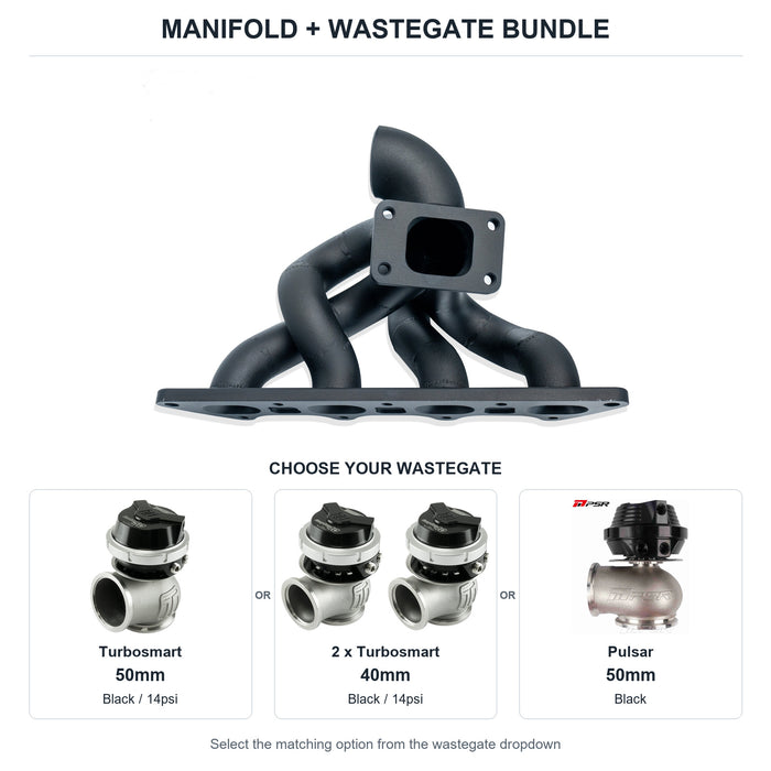 6Boost manifold and black wastegate choices: Turbosmart 50mm or 2 x Turbosmart 40mm or Pulsar 50mm. Select one dropdown option.