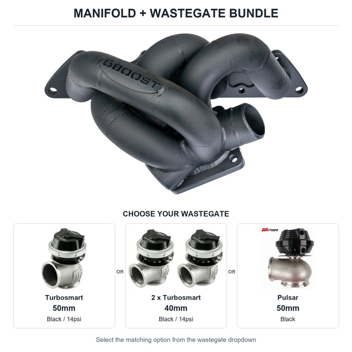 6Boost manifold and black wastegate choices: Turbosmart 50mm or 2 x Turbosmart 40mm or Pulsar 50mm. Select one dropdown option.