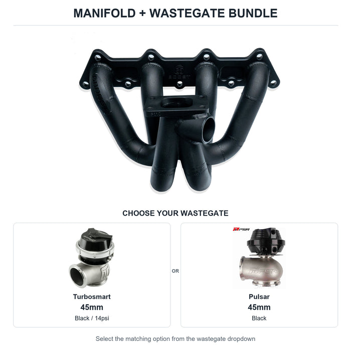 6Boost manifold and black wastegate choices: Turbosmart 45mm or Pulsar 45mm. Select one dropdown option.