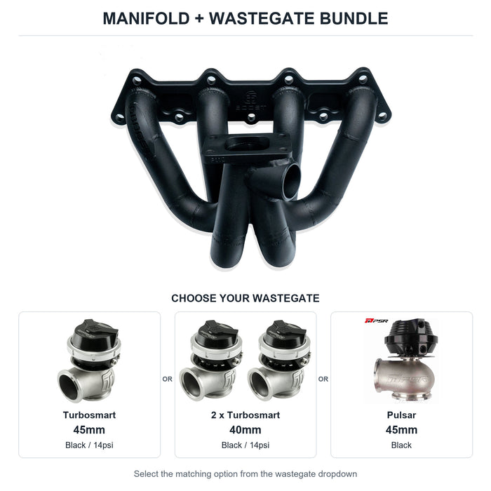 6Boost manifold and black wastegate choices: Turbosmart 45mm or 2 x Turbosmart 40mm or Pulsar 45mm. Select one dropdown option.