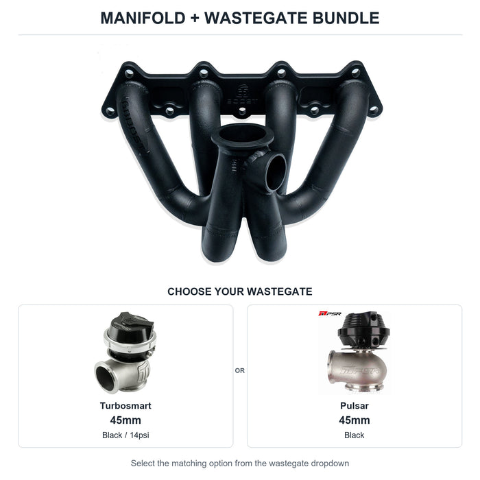 6Boost manifold and black wastegate choices: Turbosmart 45mm or Pulsar 45mm. Select one dropdown option.