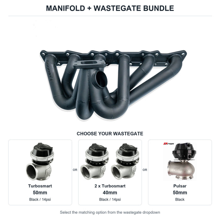 6Boost manifold and black wastegate choices: Turbosmart 50mm or 2 x Turbosmart 40mm or Pulsar 50mm. Select one dropdown option.