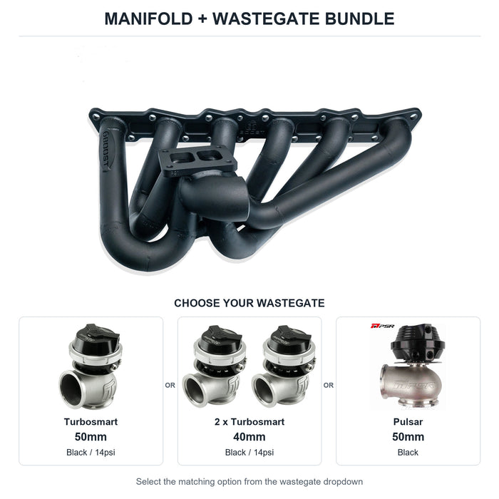 6Boost manifold and black wastegate choices: Turbosmart 50mm or 2 x Turbosmart 40mm or Pulsar 50mm. Select one dropdown option.