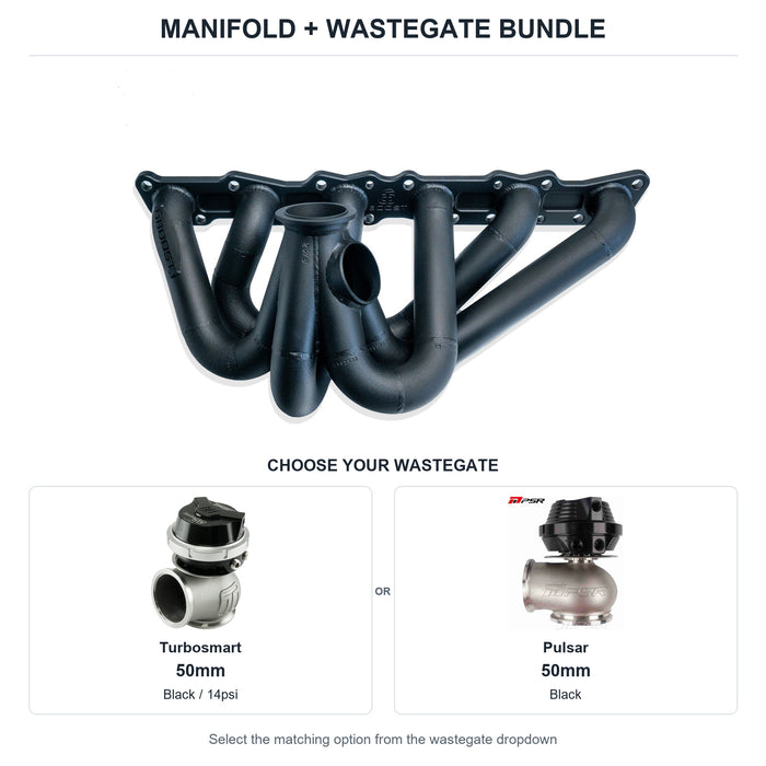 6Boost manifold and black wastegate choices: Turbosmart 50mm or Pulsar 50mm. Select one dropdown option.