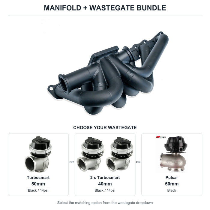 6Boost manifold and black wastegate choices: Turbosmart 50mm or 2 x Turbosmart 40mm or Pulsar 50mm. Select one dropdown option.