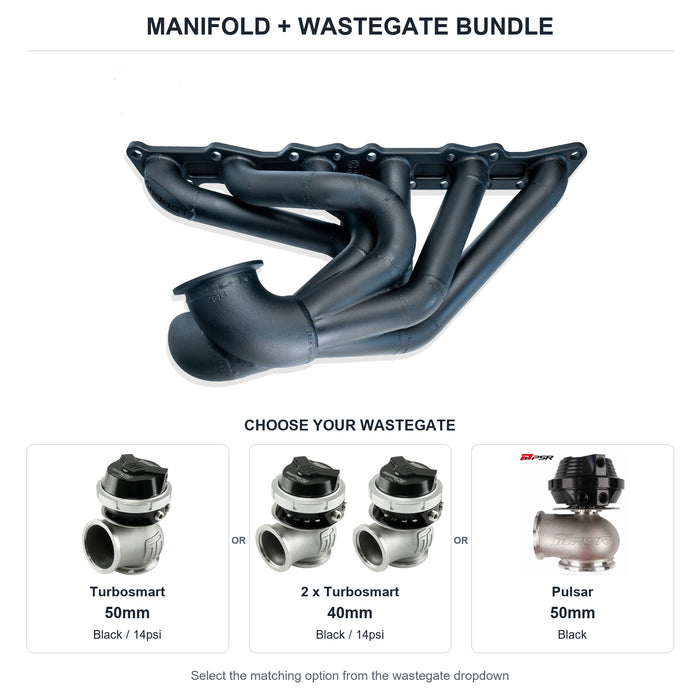 6Boost manifold and black wastegate choices: Turbosmart 50mm or 2 x Turbosmart 40mm or Pulsar 50mm. Select one dropdown option.