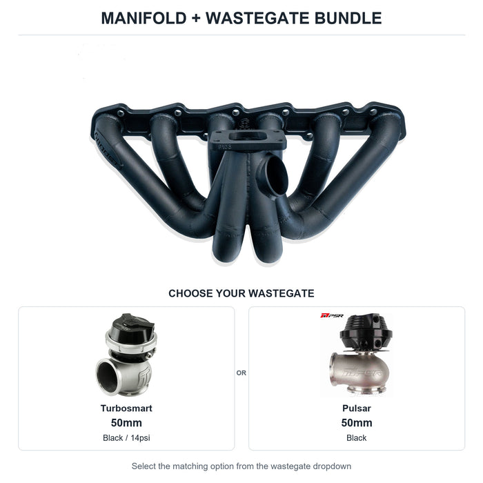 6Boost manifold and black wastegate choices: Turbosmart 50mm or Pulsar 50mm. Select one dropdown option.
