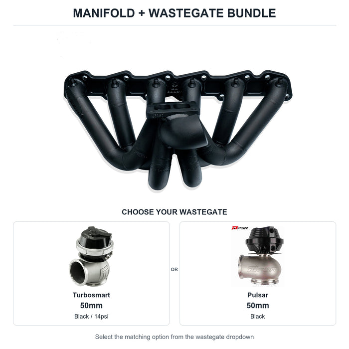 6Boost manifold and black wastegate choices: Turbosmart 50mm or Pulsar 50mm. Select one dropdown option.