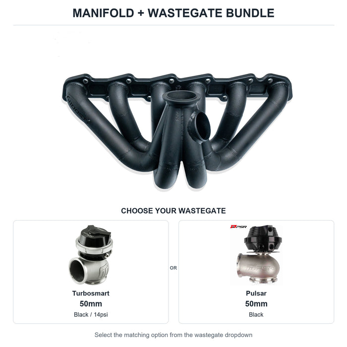 6Boost manifold and black wastegate choices: Turbosmart 50mm or Pulsar 50mm. Select one dropdown option.