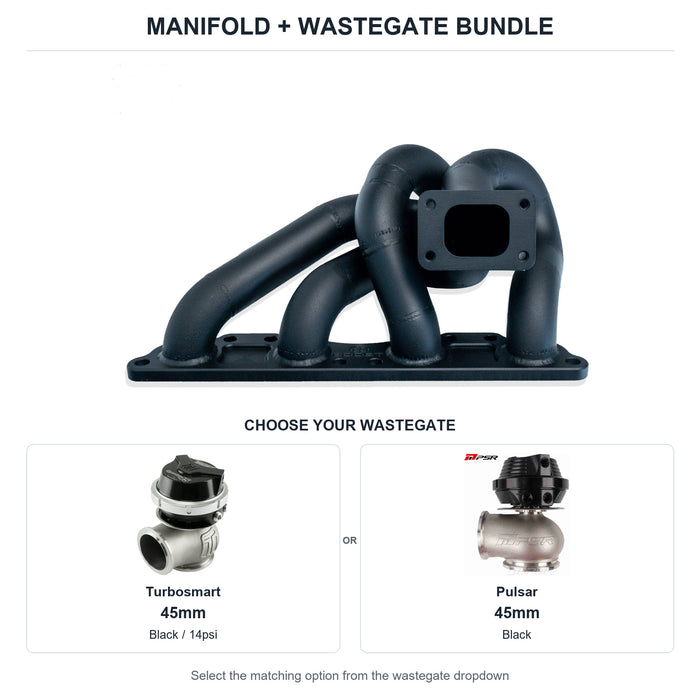 6Boost manifold and black wastegate choices: Turbosmart 45mm or Pulsar 45mm. Select one dropdown option.