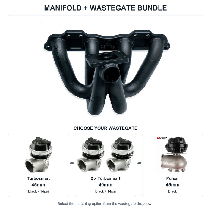 6Boost manifold and black wastegate choices: Turbosmart 45mm or 2 x Turbosmart 40mm or Pulsar 45mm. Select one dropdown option.