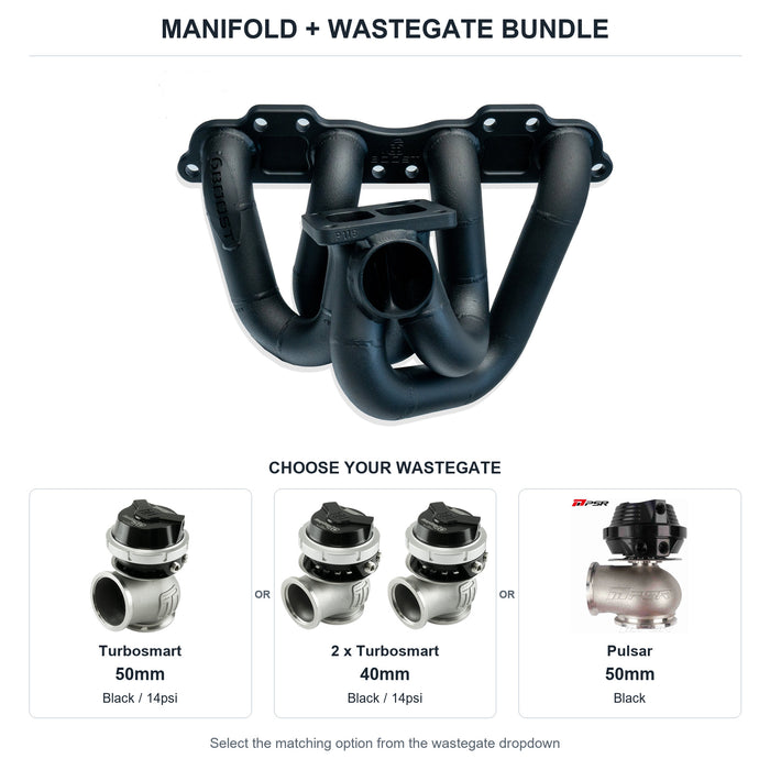 6Boost manifold and black wastegate choices: Turbosmart 50mm or 2 x Turbosmart 40mm or Pulsar 50mm. Select one dropdown option.