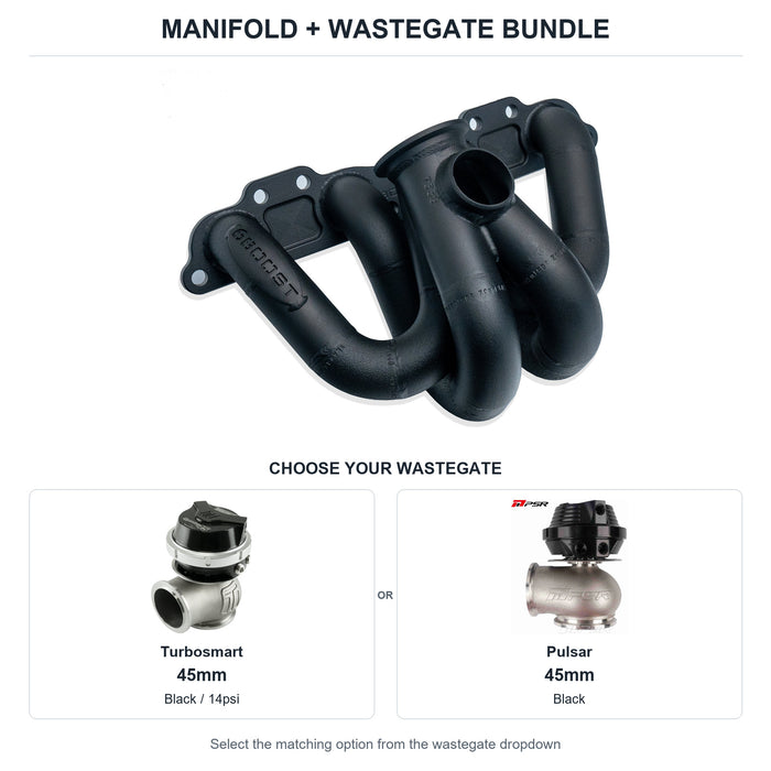 6Boost manifold and black wastegate choices: Turbosmart 45mm or Pulsar 45mm. Select one dropdown option.