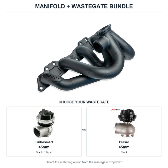 6Boost manifold and black wastegate choices: Turbosmart 45mm or Pulsar 45mm. Select one dropdown option.