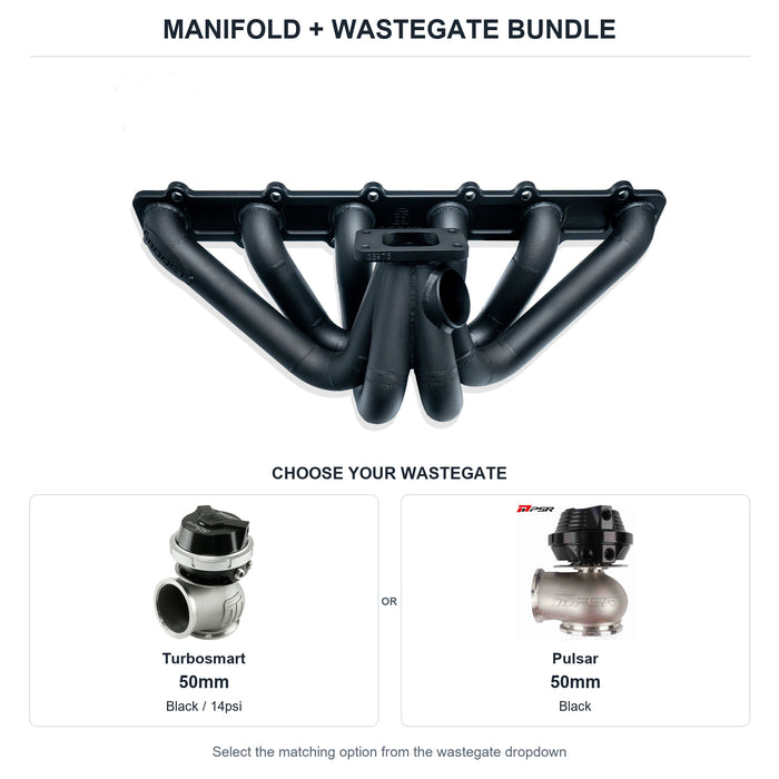6Boost manifold and black wastegate choices: Turbosmart 50mm or Pulsar 50mm. Select one dropdown option.