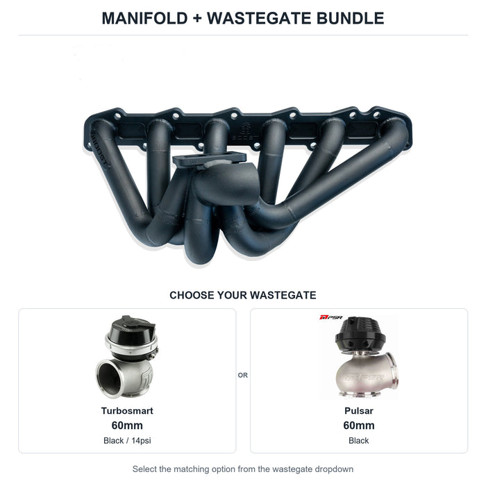 6Boost manifold and black wastegate choices: Turbosmart 60mm or Pulsar 60mm. Select one dropdown option.