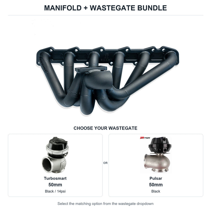 6Boost manifold and black wastegate choices: Turbosmart 50mm or Pulsar 50mm. Select one dropdown option.
