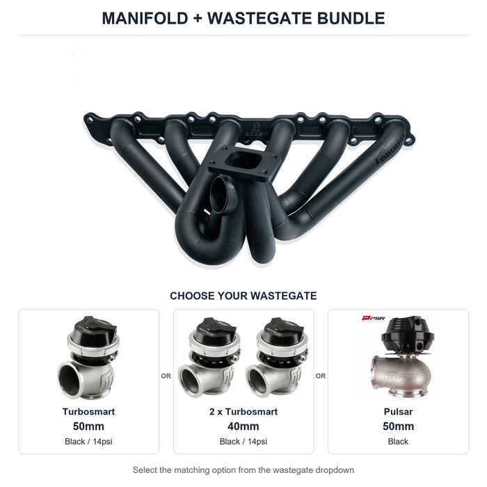 6Boost manifold and black wastegate choices: Turbosmart 50mm or 2 x Turbosmart 40mm or Pulsar 50mm. Select one dropdown option.