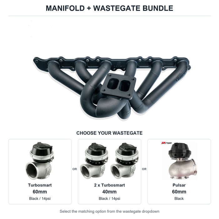 6Boost manifold and black wastegate choices: Turbosmart 60mm or 2 x Turbosmart 40mm or Pulsar 60mm. Select one dropdown option.