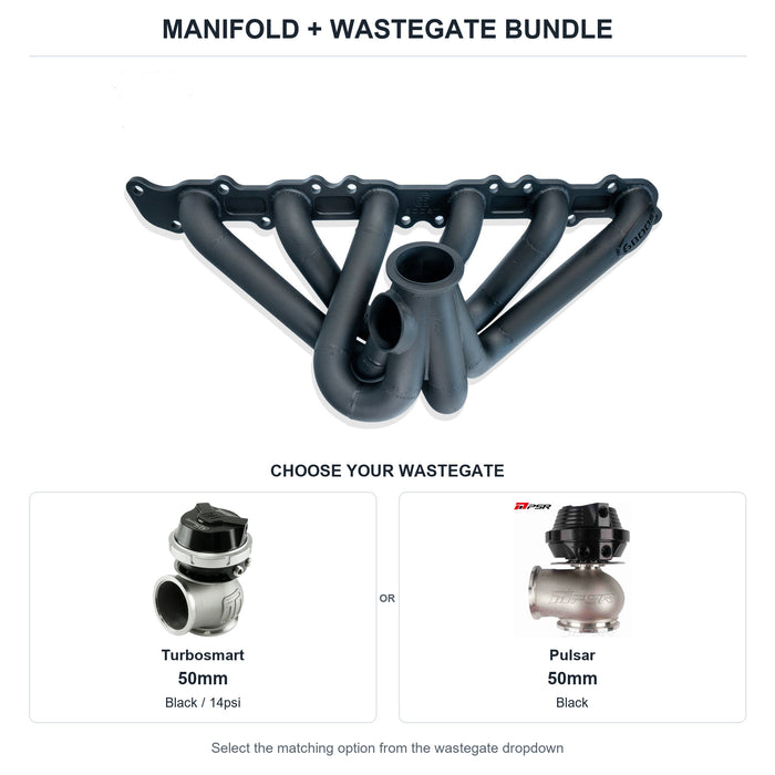 6Boost manifold and black wastegate choices: Turbosmart 50mm or Pulsar 50mm. Select one dropdown option.