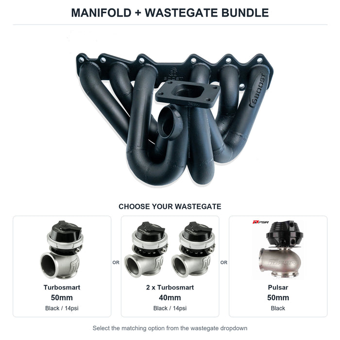 6Boost manifold and black wastegate choices: Turbosmart 50mm or 2 x Turbosmart 40mm or Pulsar 50mm. Select one dropdown option.
