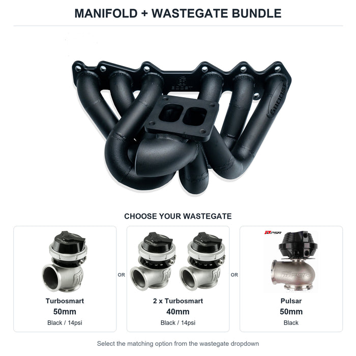 6Boost manifold and black wastegate choices: Turbosmart 50mm or 2 x Turbosmart 40mm or Pulsar 50mm. Select one dropdown option.