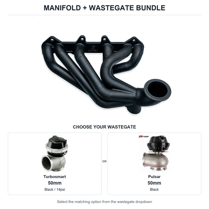 6Boost manifold and black wastegate choices: Turbosmart 50mm or Pulsar 50mm. Select one dropdown option.