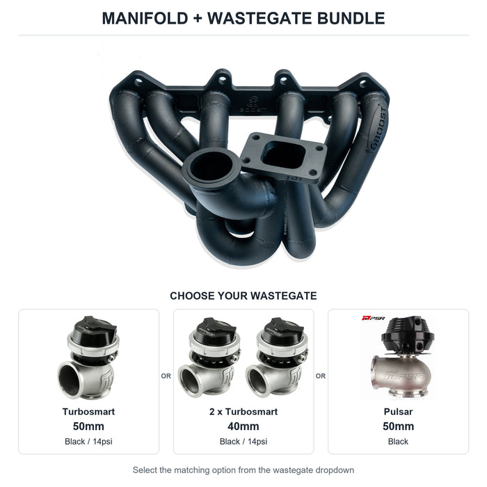 6Boost manifold and black wastegate choices: Turbosmart 50mm or 2 x Turbosmart 40mm or Pulsar 50mm. Select one dropdown option.