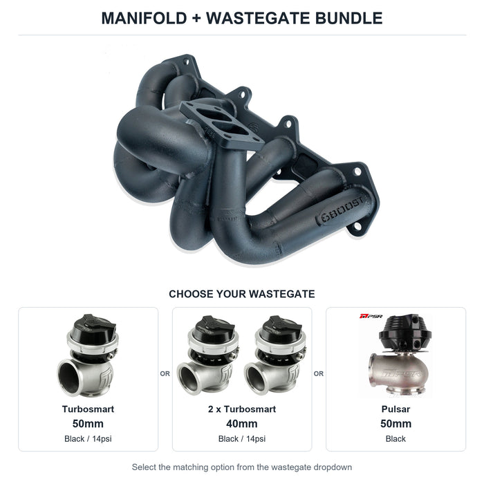 6Boost manifold and black wastegate choices: Turbosmart 50mm or 2 x Turbosmart 40mm or Pulsar 50mm. Select one dropdown option.
