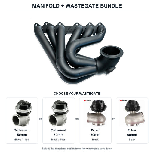 6Boost manifold and black wastegate choices: Turbosmart 50mm or Turbosmart 60mm or Pulsar 50mm or Pulsar 60mm. Select one dropdown option.