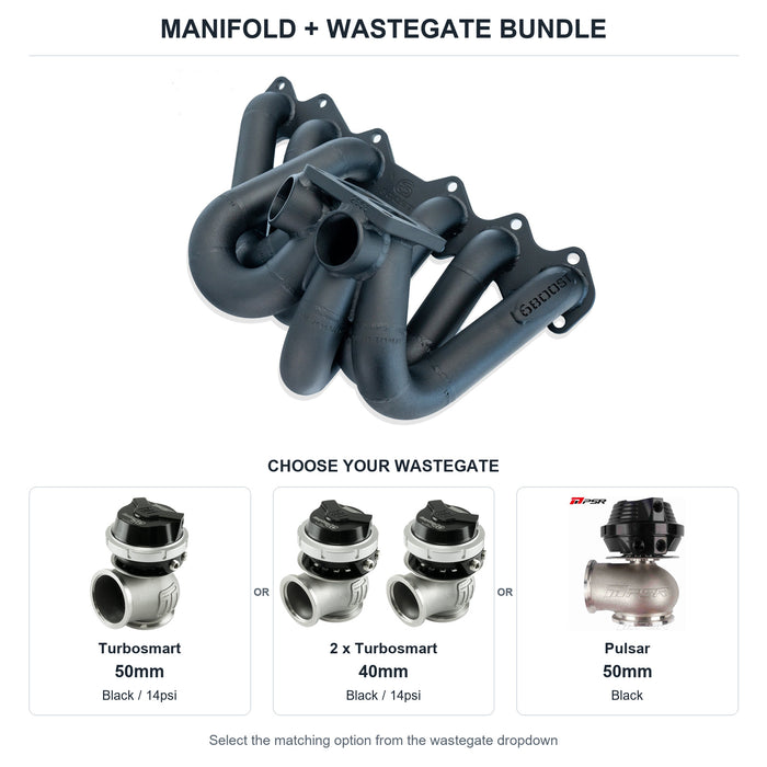 6Boost manifold and black wastegate choices: Turbosmart 50mm or 2 x Turbosmart 40mm or Pulsar 50mm. Select one dropdown option.