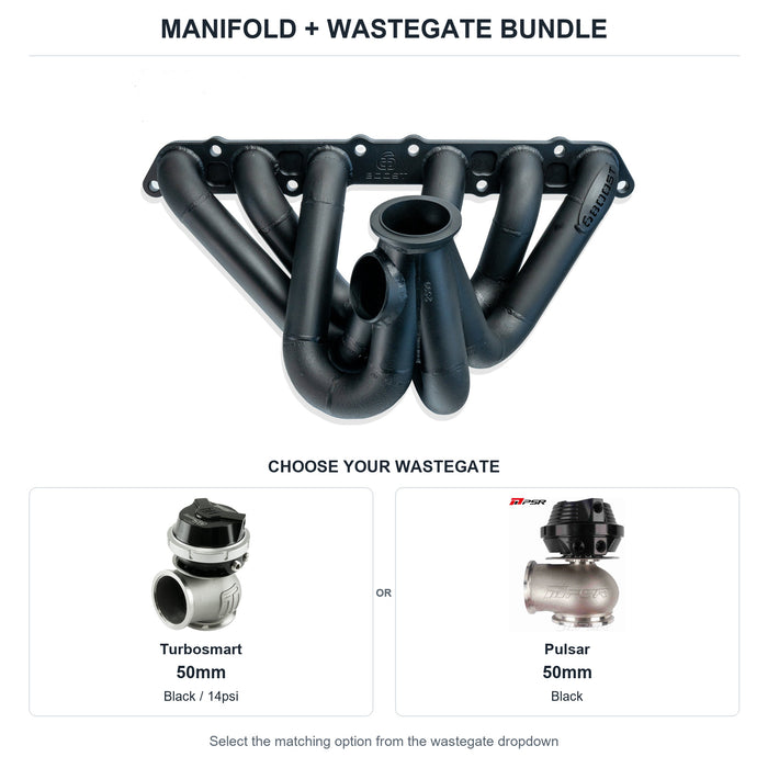 6Boost manifold and black wastegate choices: Turbosmart 50mm or Pulsar 50mm. Select one dropdown option.