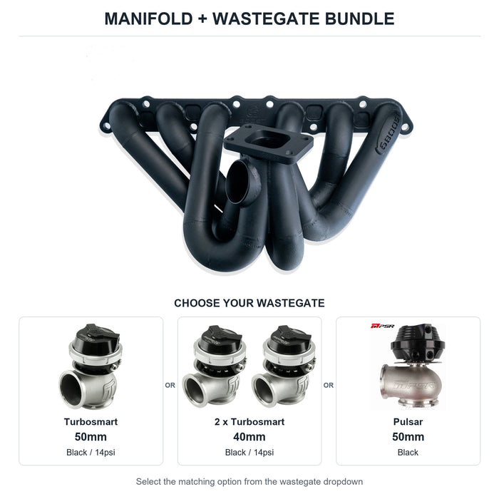 6Boost manifold and black wastegate choices: Turbosmart 50mm or 2 x Turbosmart 40mm or Pulsar 50mm. Select one dropdown option.
