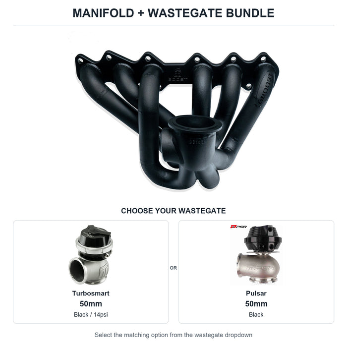 6Boost manifold and black wastegate choices: Turbosmart 50mm or Pulsar 50mm. Select one dropdown option.