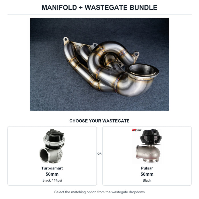 6Boost manifold and black wastegate choices: Turbosmart 50mm or Pulsar 50mm. Select one dropdown option.