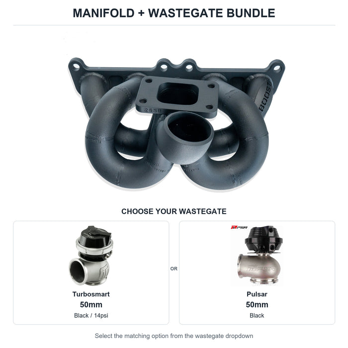 6Boost manifold and black wastegate choices: Turbosmart 50mm or Pulsar 50mm. Select one dropdown option.