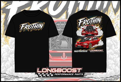 FROTHIN burnout T-shirt with logo front and two-car artwork back
