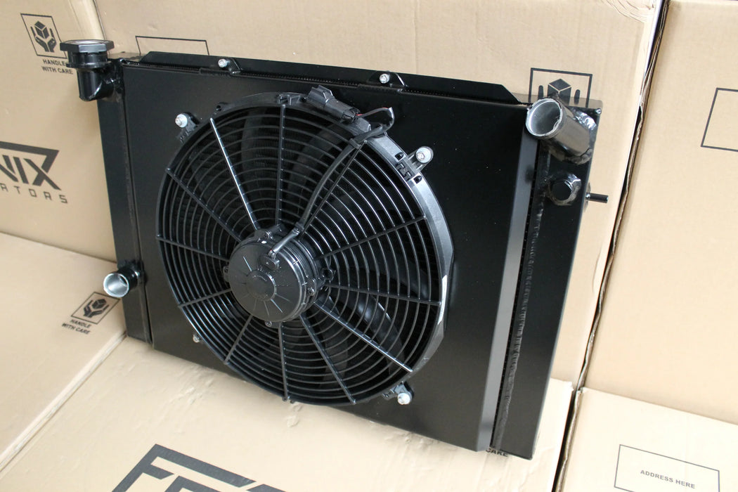 Holden VB-VC-VH-VK Commodore V8 Full Alloy Manual Radiator, Custom Built Shroud & 16" 3000CFM Spal Fan.