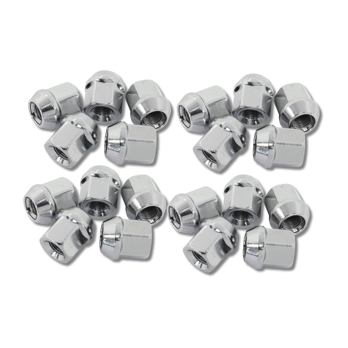 Set of chrome metal valve stem caps on a white background
