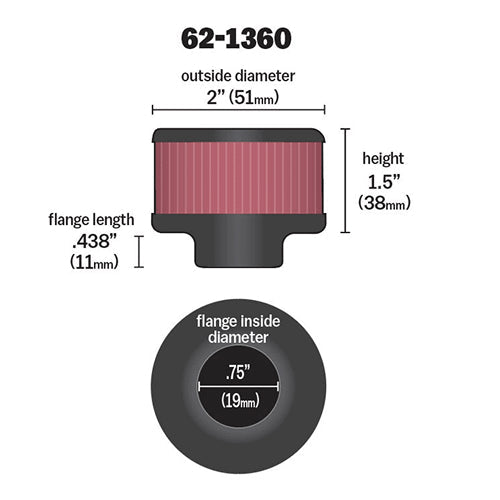 62-1360 K&N High-Flow Vent Air Filter/ Breather, Clamp On