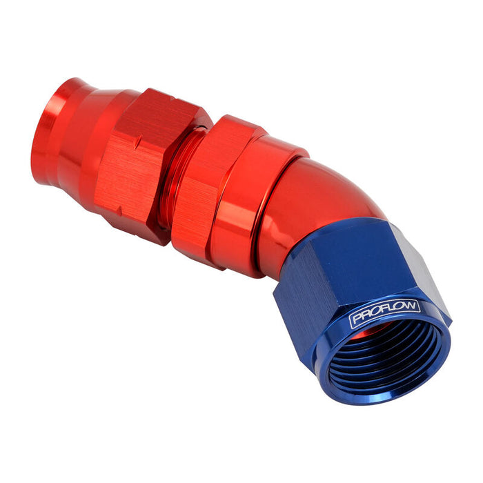 Proflow Full Flow 5/16in. Tube To Female -06AN Hose End, 45 Degree, Tube Adaptor, Blue/Red