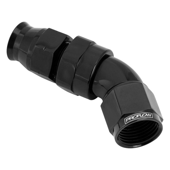 Proflow Full Flow 1/2in. Tube To Female -08AN Hose End, 45 Degree, Tube Adaptor, Black
