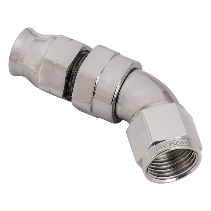 Proflow Full Flow 1/2in. Tube To Female -08AN Hose End, 45 Degree, Tube Adaptor, Polished